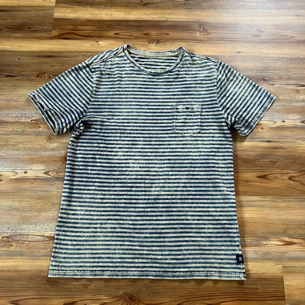 Roark Revival Mens L Blue Tan Striped Pocket T-Shirt Distressed Cotton